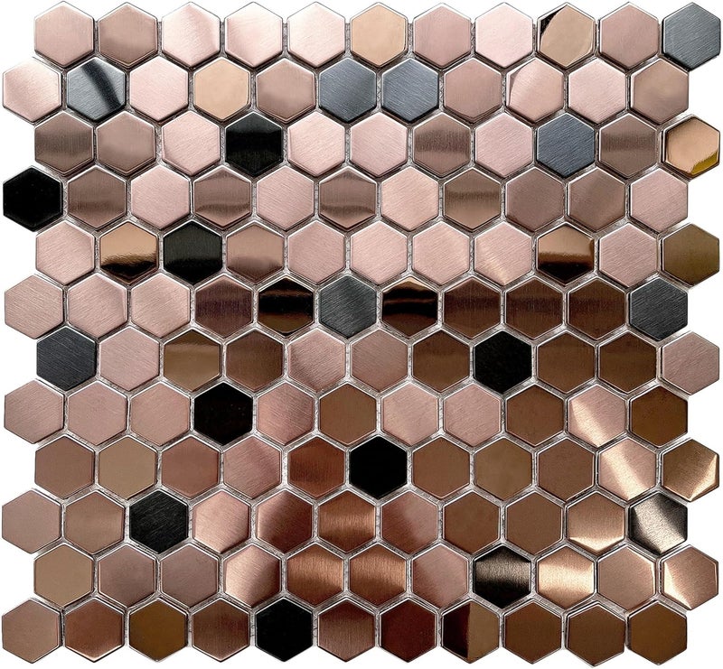 Blujellyfish Hexagon Stainless Steel Brushed Mosaic Tile Bronze Copper Color Black Bathroom Kitchen Backsplash Shower Floor Tiles Accent Mosaics Tile Sheets (5 Square Feet) - Image 1